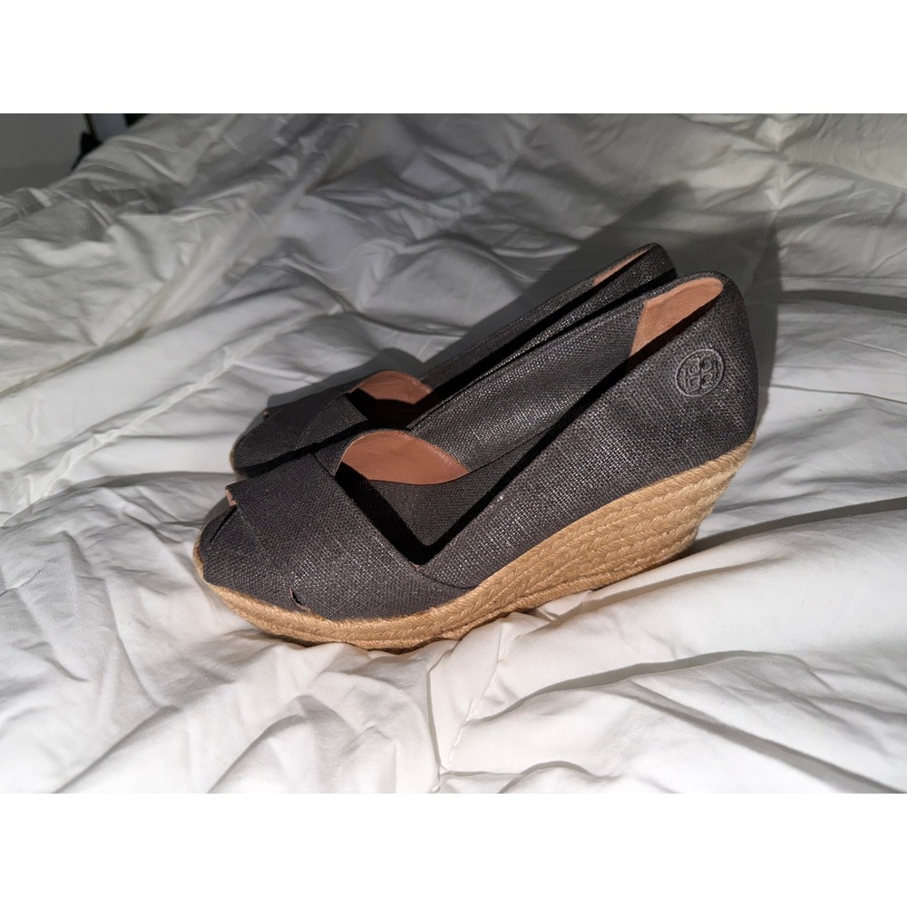 Tory Burch Metallic Charcoal Canvas Espadrille Wedge Sandals Peep Toe 7B Spain